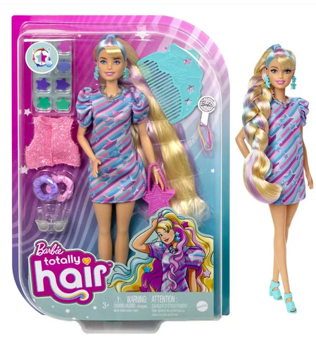 Barbie Totally Hair Star-Themed Doll, 8.5 inch Fantasy Hair, Dress, 15 Accessories, 3 & Up