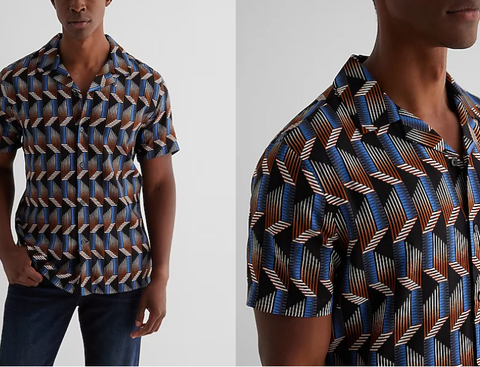 Express Abstract Dimensional Geo Rayon Short Sleeve Shirt-Gunmetal