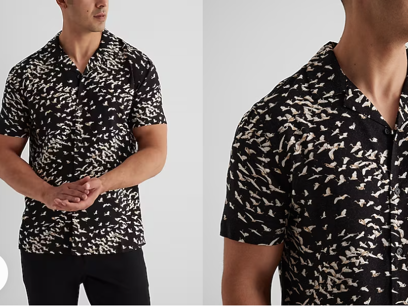 Express Mini Crane Print Rayon Short Sleeve Shirt -Jet Black