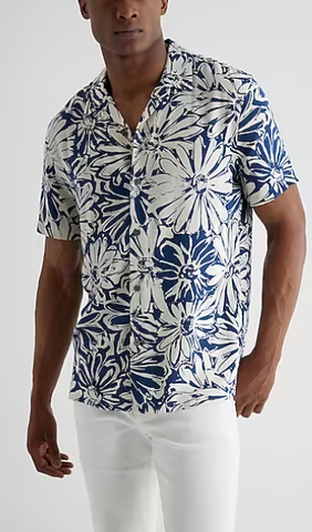 Express Floral Rayon Short Sleeve Shirt-Swan 121