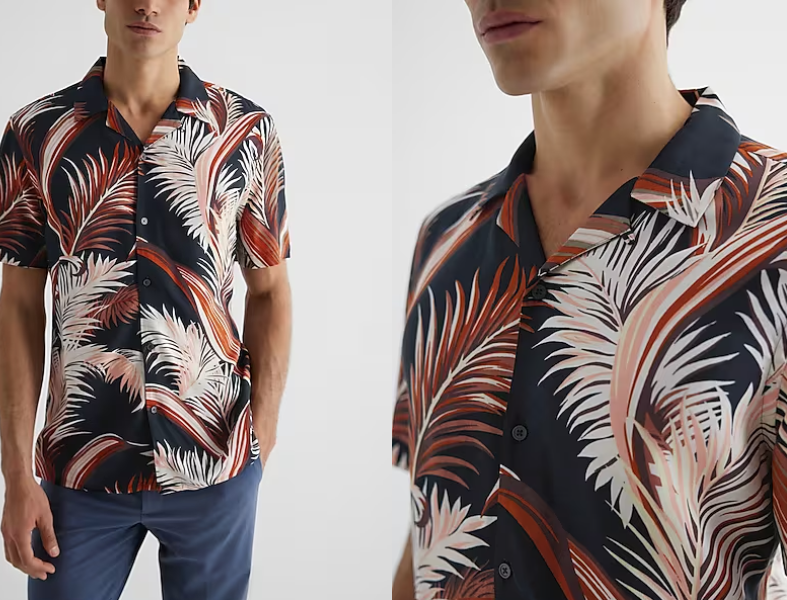 Express Leaf Print Rayon Short Sleeve Shirt Jet Black GIZMOS AND GADGETS