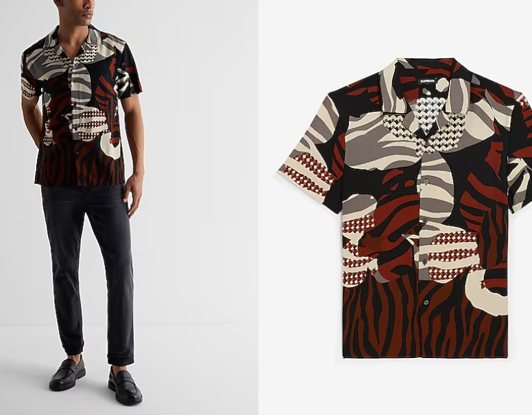 Express Abstract Print Rayon Short Sleeve Shirt-Jet Black