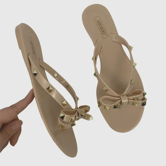 Ann More Barcelona Woman's Thong Flip Flop Slip on Jelly Sandal  Beige