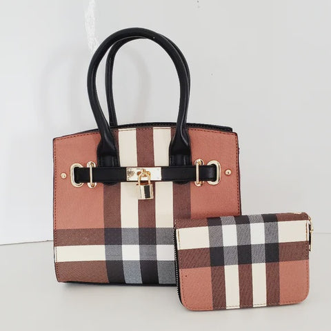 Classic Fashion Padlock Accent Checkered Satchel & Wallet Set  LM6794