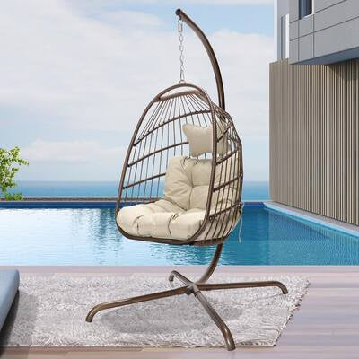 Nicesoul Foldable PE Wicker Brown Hanging Egg Chair With Stand Swing Chair With Cushion and Pillow Capacity 350lbs